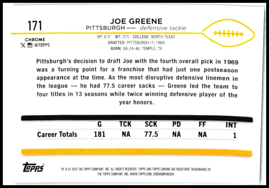 2024 Topps Chrome #171 Joe Greene Pittsburgh Steelers