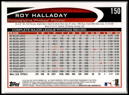 2012 Topps #150a Roy Halladay Philadelphia Phillies