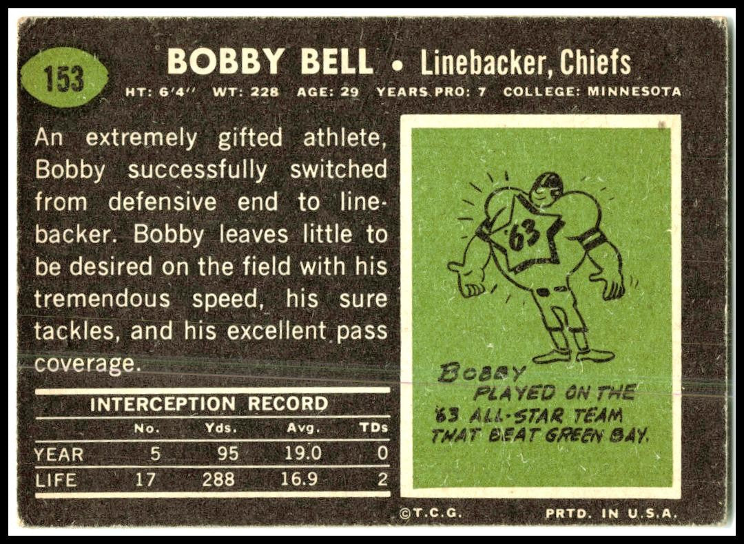 1969 Topps #153 Bobby Bell Kansas City Chiefs