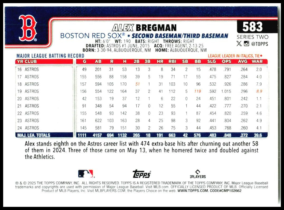 2025 Topps #583 Alex Bregman Boston Red Sox