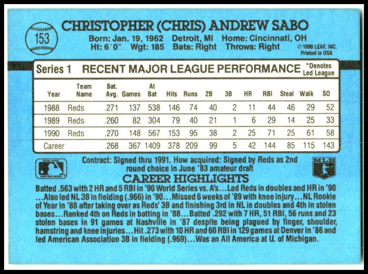 1991 Donruss #153 Chris Sabo Cincinnati Reds