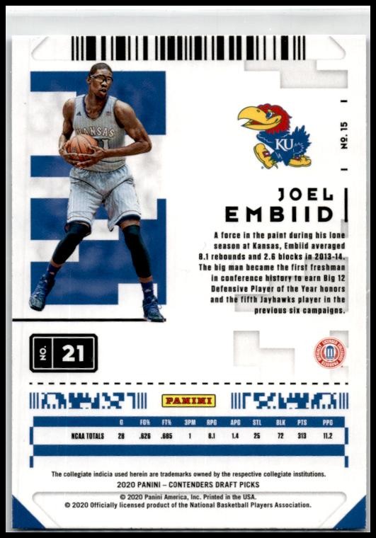 2020 Panini Contenders Draft Picks Campus Ticket #15 Joel Embiid Kansas Jayhawks