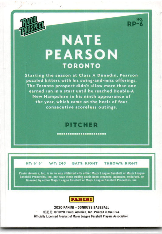 2020 Donruss Rated Prospects #RP-6 Nate Pearson #/999 Toronto Blue Jays