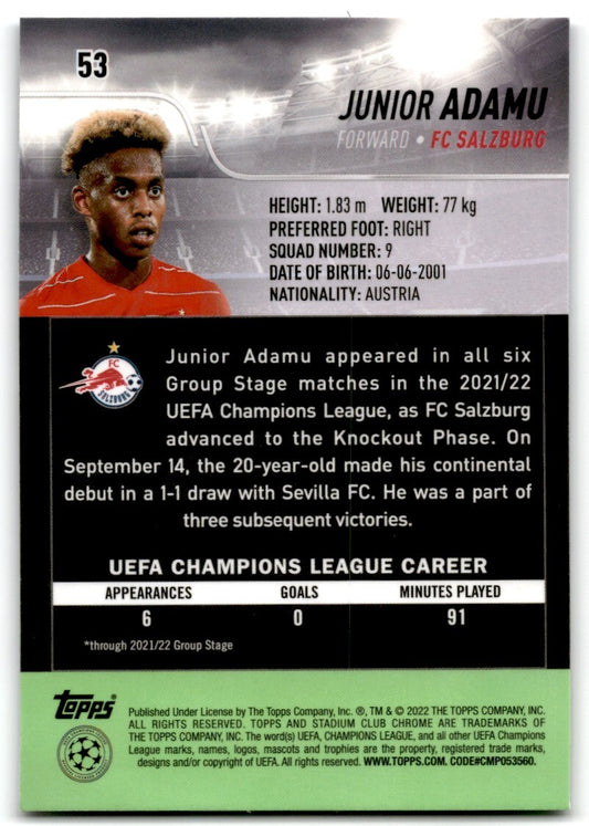2022 Stadium Club Chrome Junior Adamu FC Salzburg #53