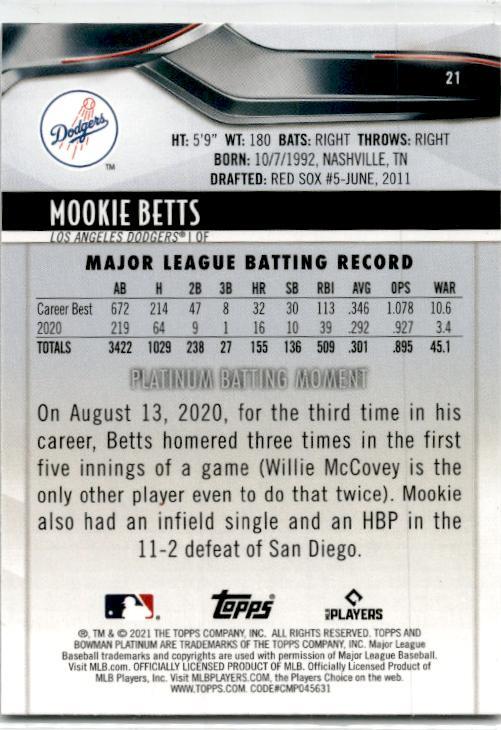 2021 Bowman Platinum Ice Foil #21 Mookie Betts Los Angeles Dodgers