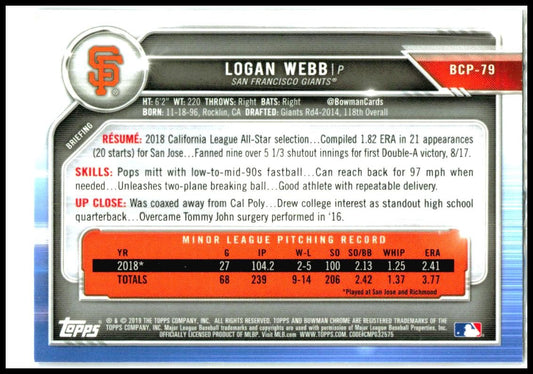 2019 Bowman Chrome Prospects #BCP-79 Logan Webb San Francisco Giants