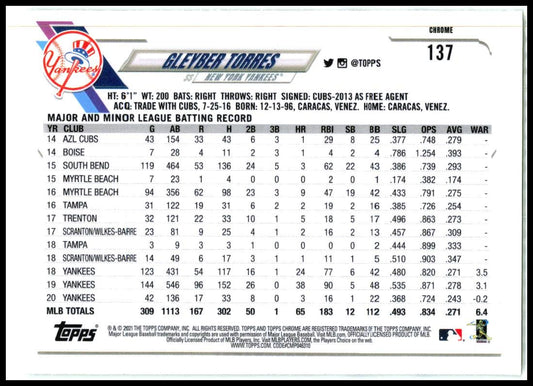 2021 Topps Chrome #137 Gleyber Torres New York Yankees