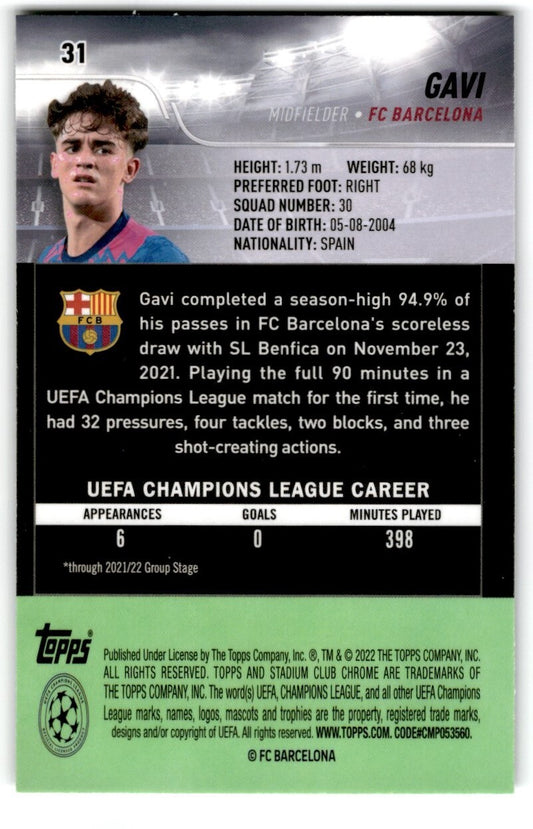 2022 Topps Stadium Club Chrome UCL Gavi Rookie FC Barcelona #31