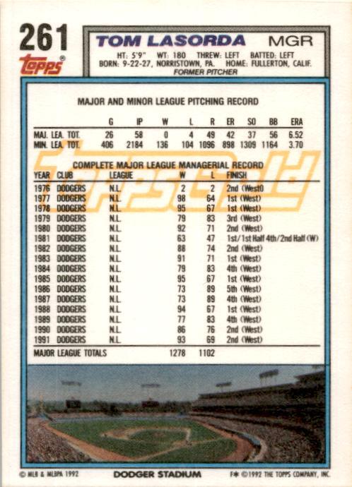 1992 Topps Gold #261 Tom Lasorda Los Angeles Dodgers