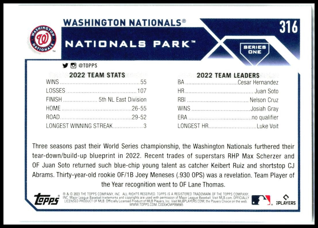 2023 Topps Blue #316 Washington Nationals Washington Nationals