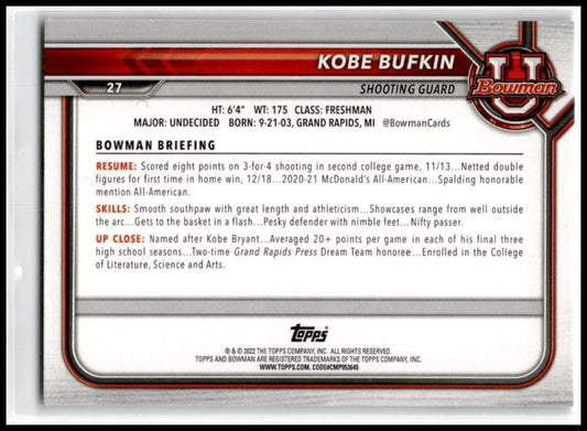 2021-22 Bowman University #27 Kobe Bufkin Michigan Wolverines