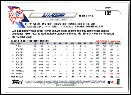2021 Topps Chrome #87 DJ LeMahieu New York Yankees