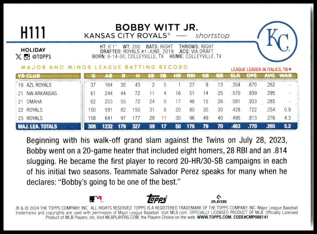 2024 Topps Holiday #H111 Bobby Witt Jr. Kansas City Royals