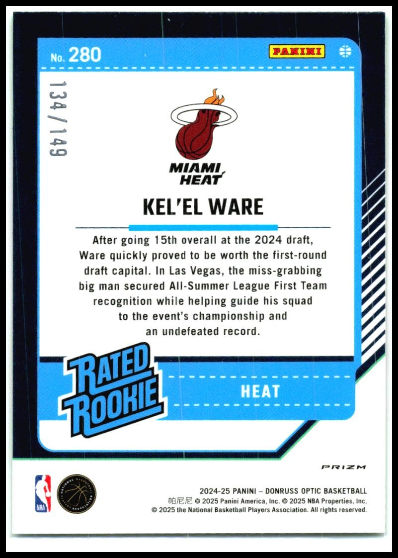 2024-25 Donruss Optic Lime Green #280 Kel'el Ware Rookie #/149 Miami Heat
