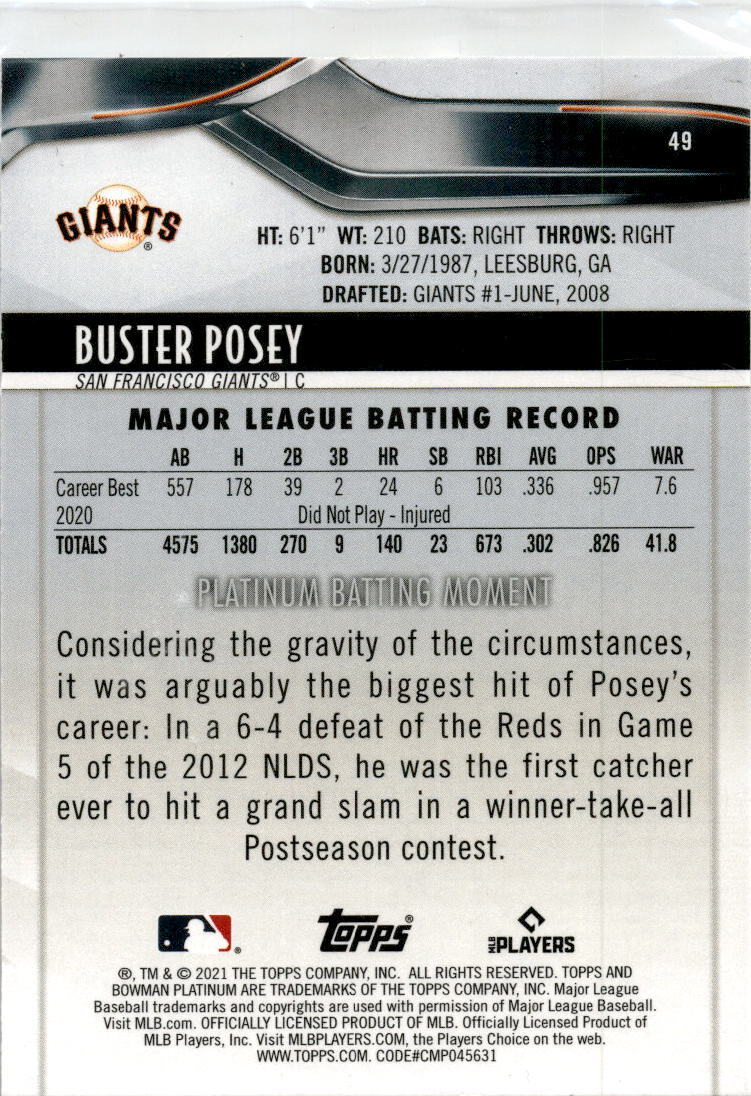 2021 Bowman Platinum #49 Buster Posey San Francisco Giants