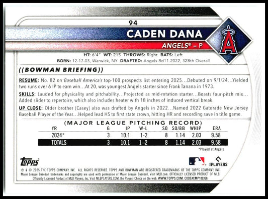 2025 Bowman #94 Caden Dana Rookie Los Angeles Angels