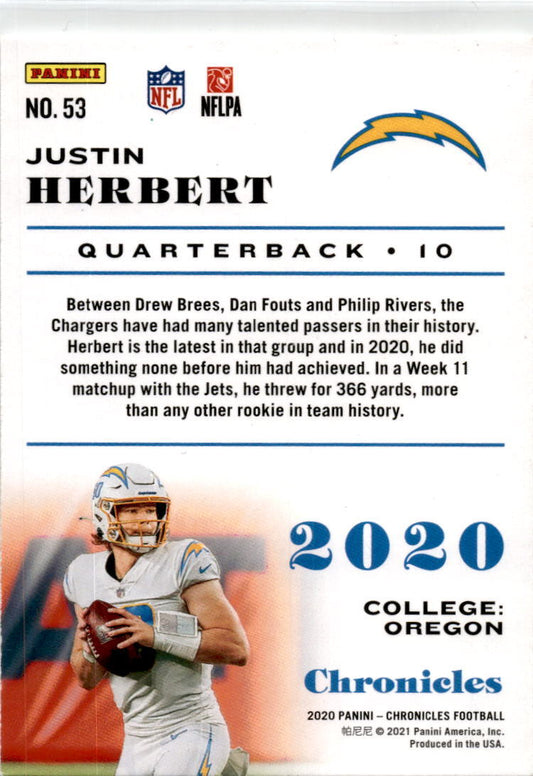 2020 Panini Chronicles #53 Justin Herbert RC Los Angeles Chargers