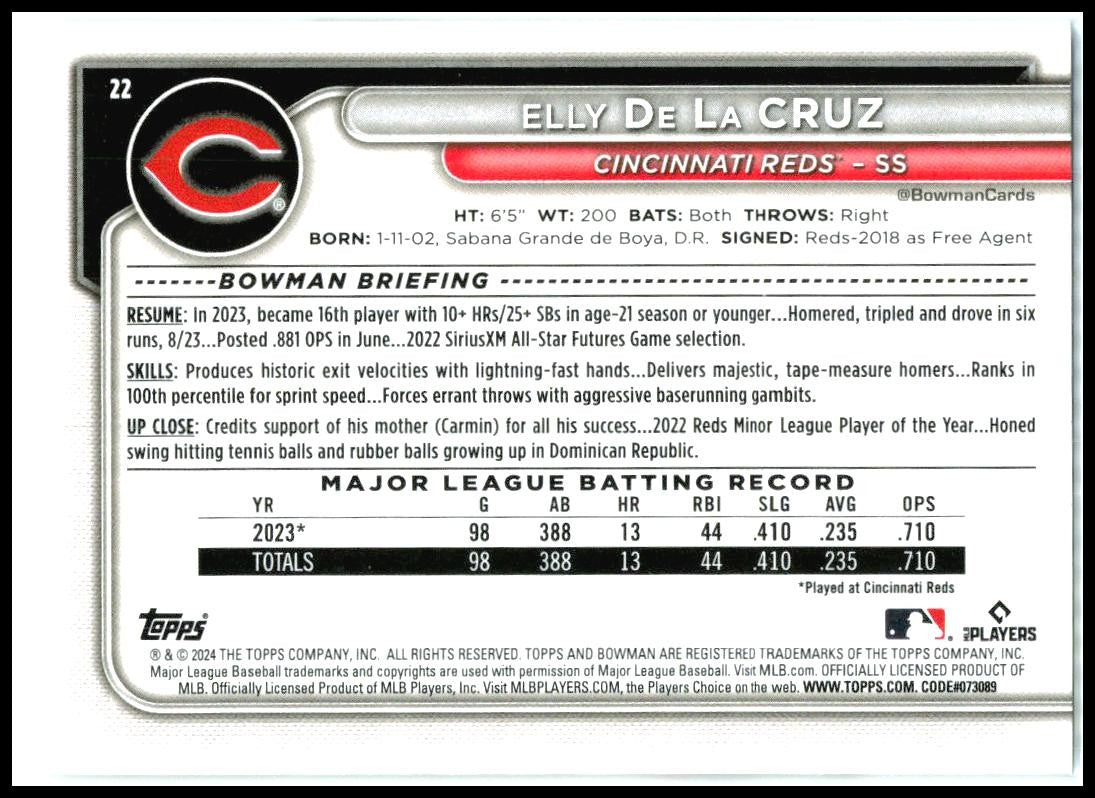 2024 Bowman #22 Elly De La Cruz Cincinnati Reds
