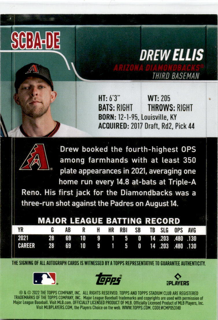 2022 Stadium Club Autographs #SCBA-DE Drew Ellis Auto Arizona Diamondbacks