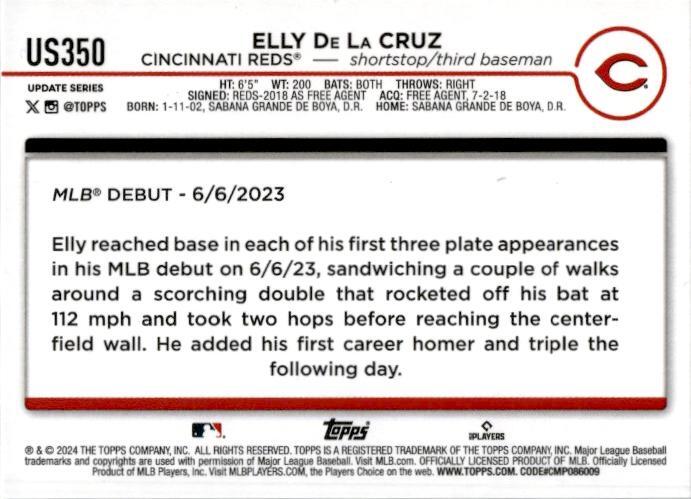 2024 Topps Update #US350 Elly De La Cruz Cincinnati Reds