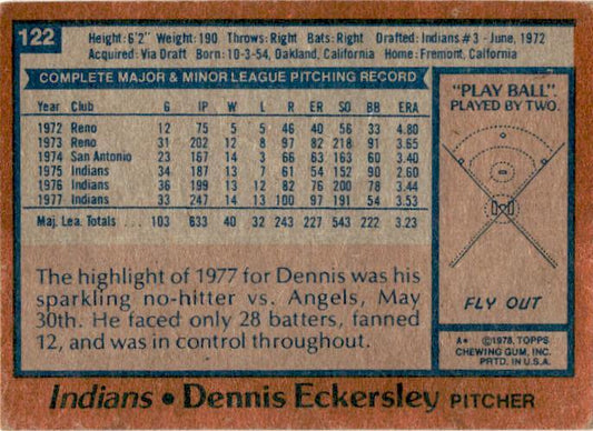 1978 Topps #122 Dennis Eckersley Cleveland Indians
