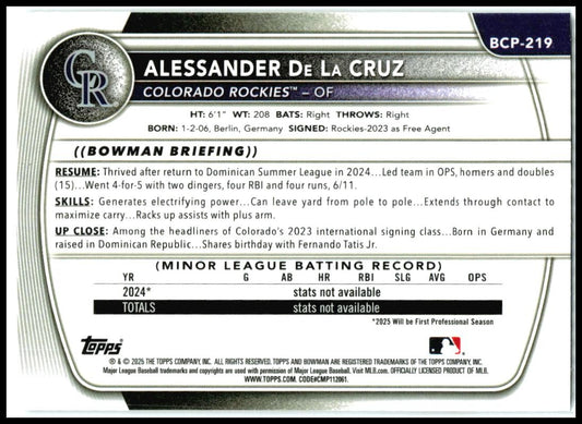 2025 bowman chrome #BCP-219 alessander de la cruz Rockies