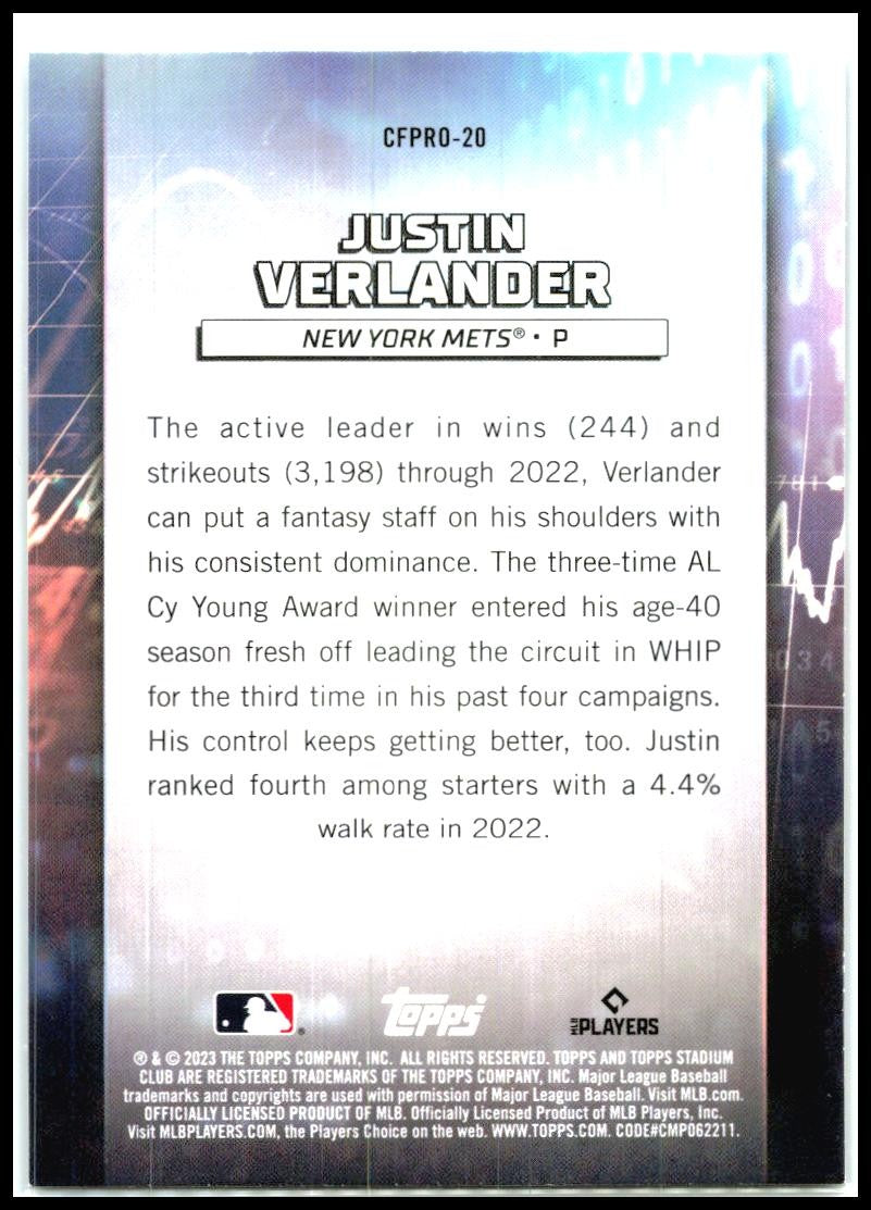 2023 Stadium Club Chief Fantasy Professionals #CFPRO-20 Justin Verlander Mets