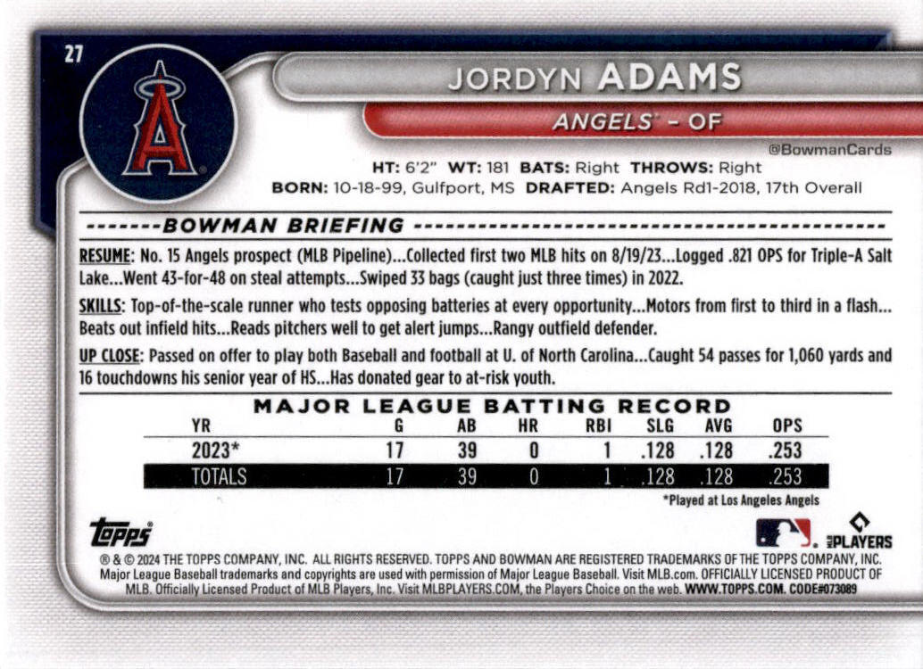 2024 Bowman #27 Jordyn Adams Rookie Los Angeles Angels