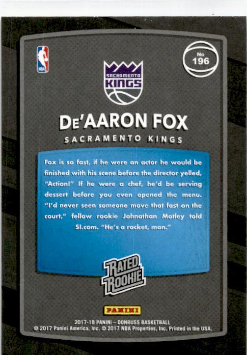 2017-18 Donruss #196 De'Aaron Fox Rookie Sacramento Kings
