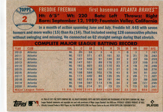 2021 Topps Archives #2 Freddie Freeman Atlanta Braves.