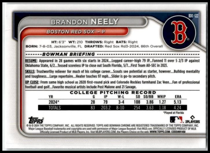 2024 Bowman Draft Chrome #BDC-122 Brandon Neely Boston Red Sox