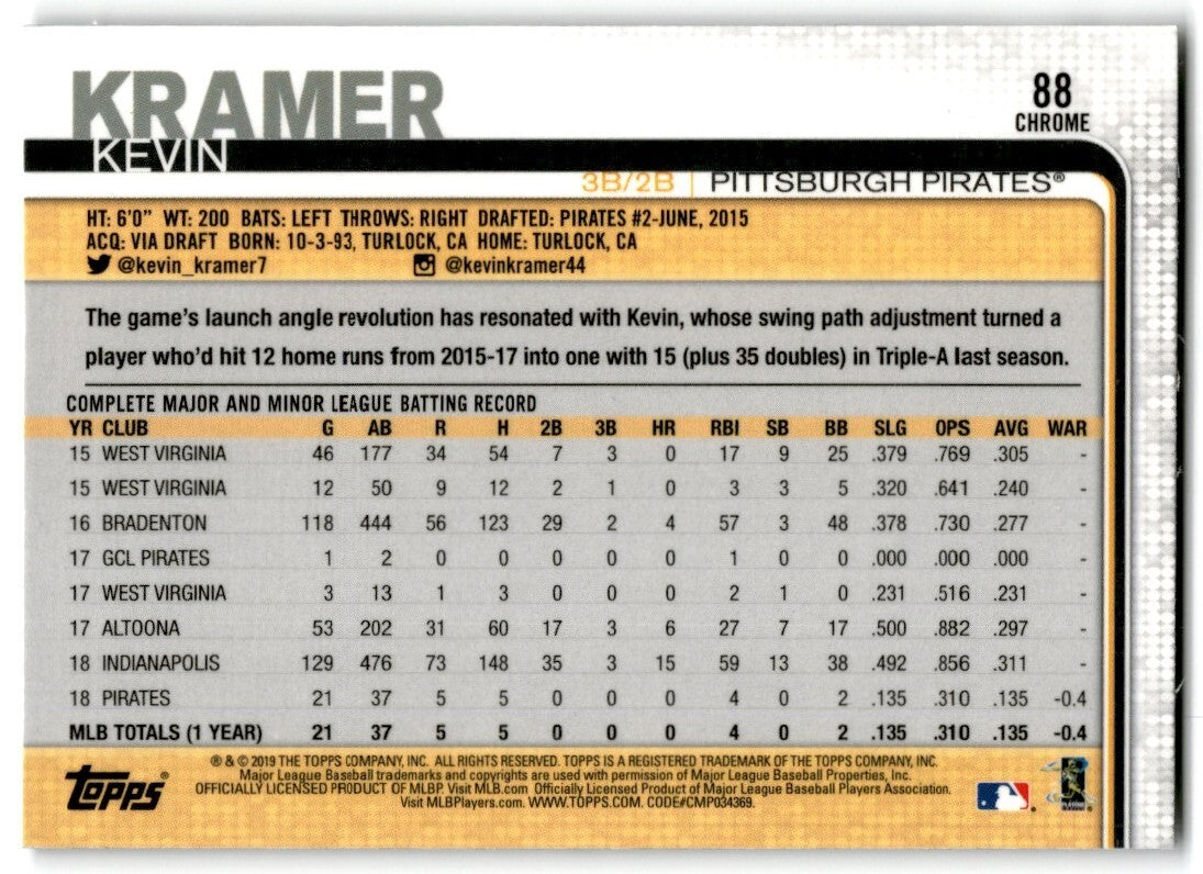 2019 Topps Chrome Kevin Kramer Rookie Pittsburgh Pirates #88