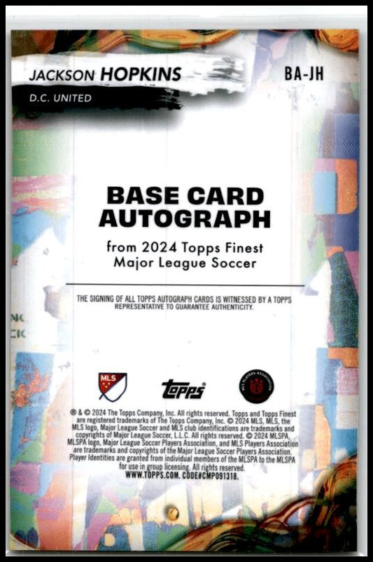 2024 Topps Finest MLS Orange Auto /25 #BA-JH Jackson Hopkins DC United