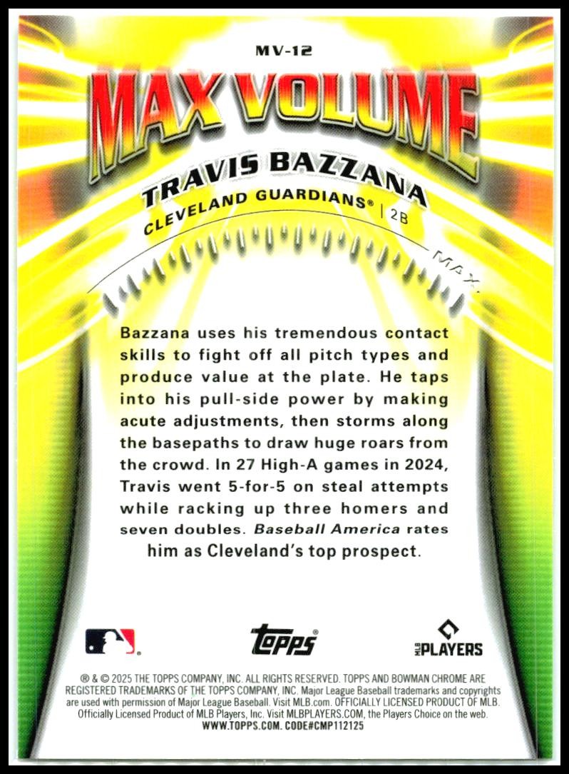 2025 Bowman Chrome Max Volume #MV-12 Travis Bazzana Cleveland Guardians