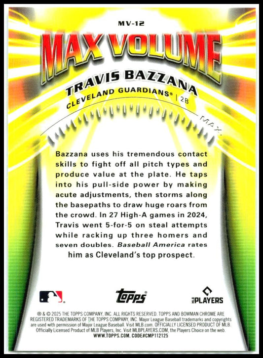 2025 Bowman Chrome Max Volume #MV-12 Travis Bazzana Cleveland Guardians