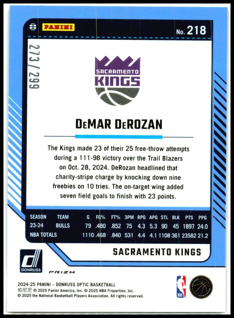 2024-25 Donruss Optic Hyper Orange #218 DeMar DeRozan #/299 Sacramento Kings