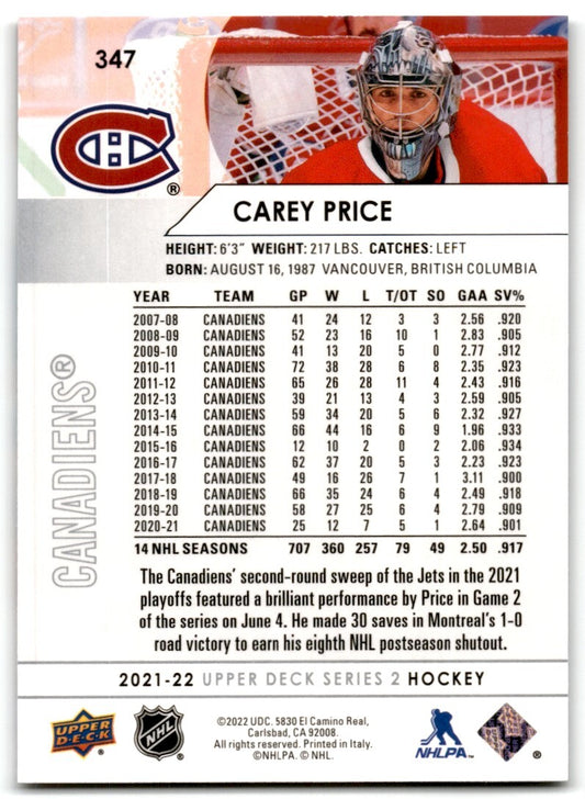 2021-22 Upper Deck Carey Price Montreal Canadiens #347