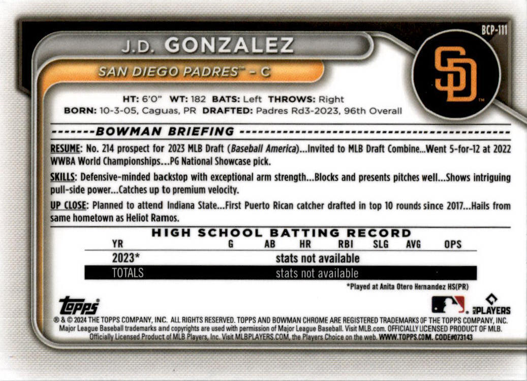 2024 Bowman #BCP-111 J.D. Gonzalez San Diego Padres
