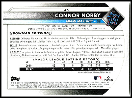 2025 Bowman #46 Connor Norby Rookie Miami Marlins