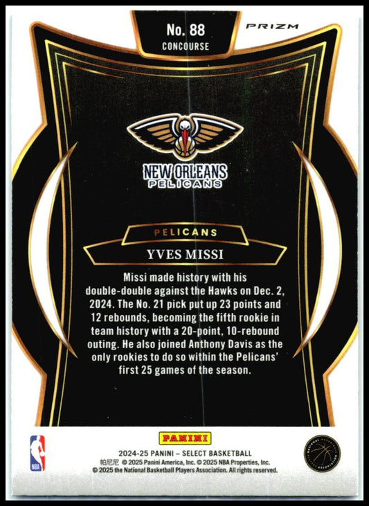 2024-25 Panini Select Blue Prizm #88 Yves Missi Rookie New Orleans Pelicans