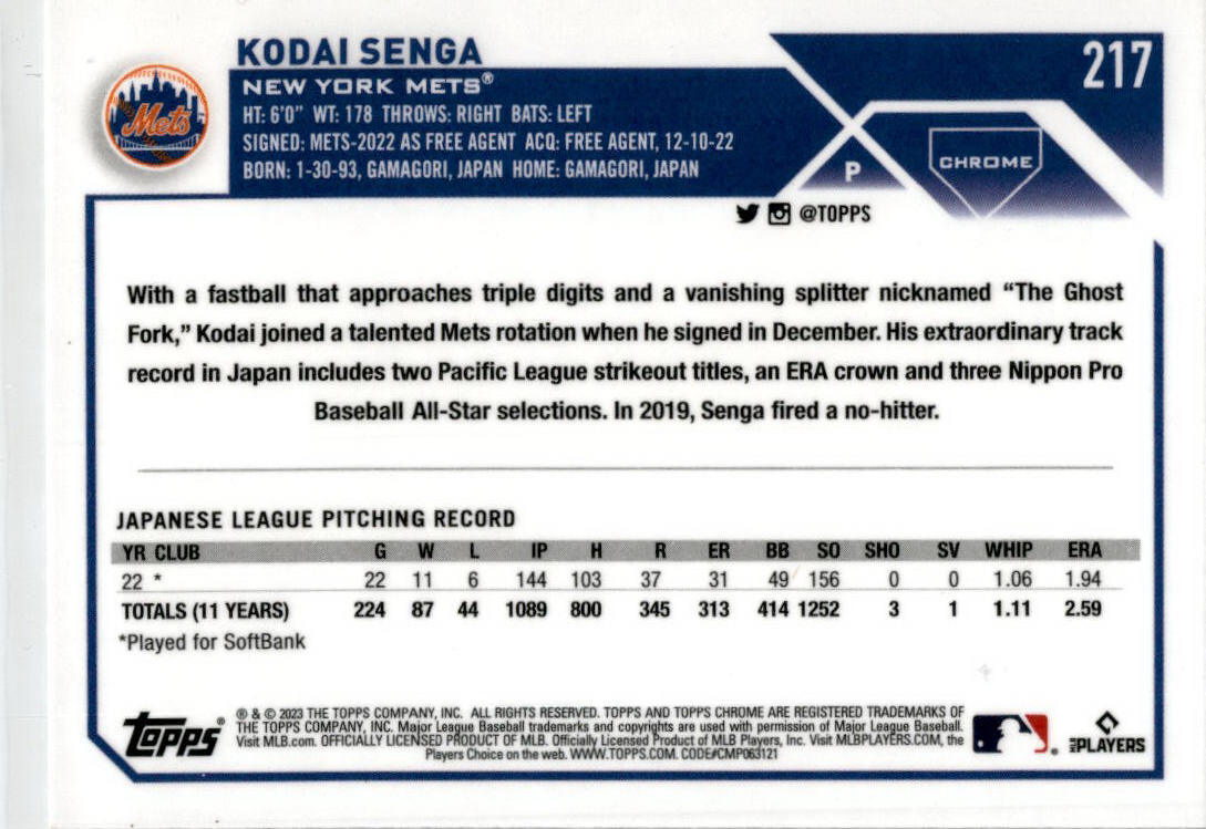 2023 Topps Chrome #217 Kodai Senga RC New York Mets.