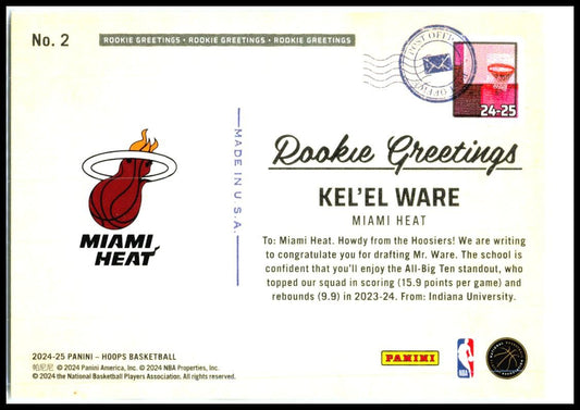 2024-25 Hoops Winter Rookie Greetings #2 Kel'el Ware Miami Heat