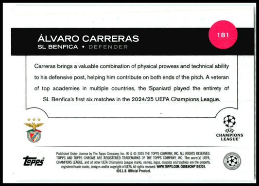 2024-25 Topps Chrome UEFA Club Competitions #181 Alvaro Carreras Rookie Benfica