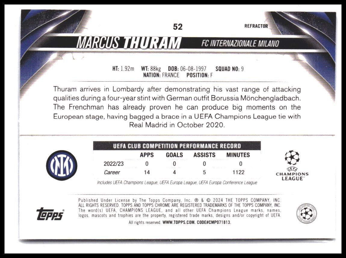Marcus Thuram #52 2023-24 Topps UEFA Club Competitions Refractor