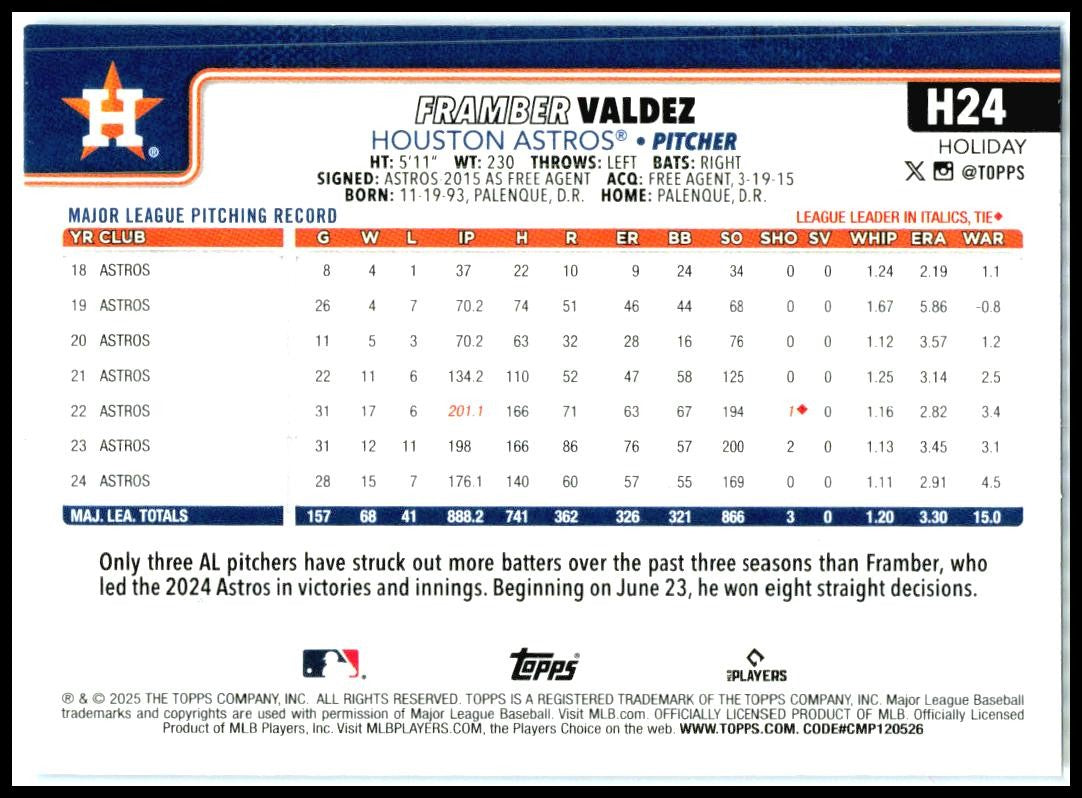 2025 Topps Holiday Light Blue & White Glitter Holiday #H24 Framber Valdez Astros