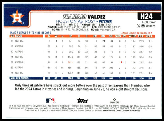 2025 Topps Holiday Light Blue & White Glitter Holiday #H24 Framber Valdez Astros