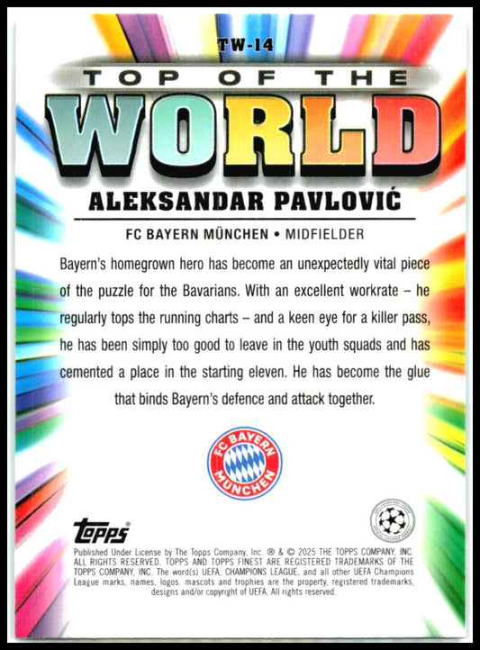 2024-25 Topps Finest UEFA Top of the World #TW-14 Aleksandar Pavlovic