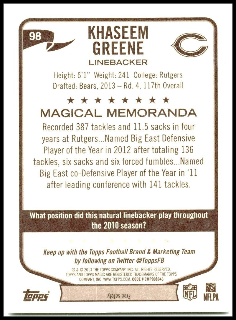 2013 Topps Magic #98 Khaseem Greene Rookie Chicago Bears