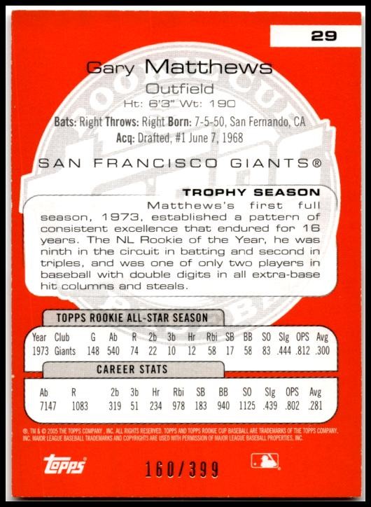 2005 Topps Rookie Cup Orange #29 Gary Matthews #/399 San Francisco Giants