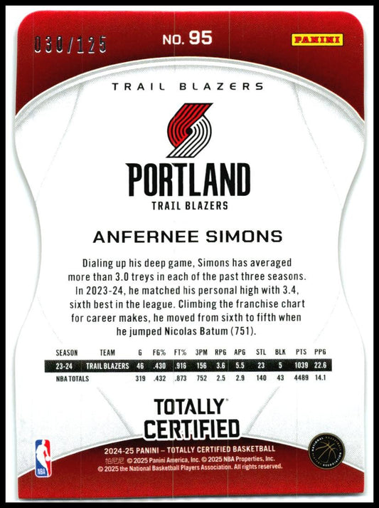 2024-25 Totally Certified Mirror Pink Platinum Die Cuts #95 Anfernee Simons